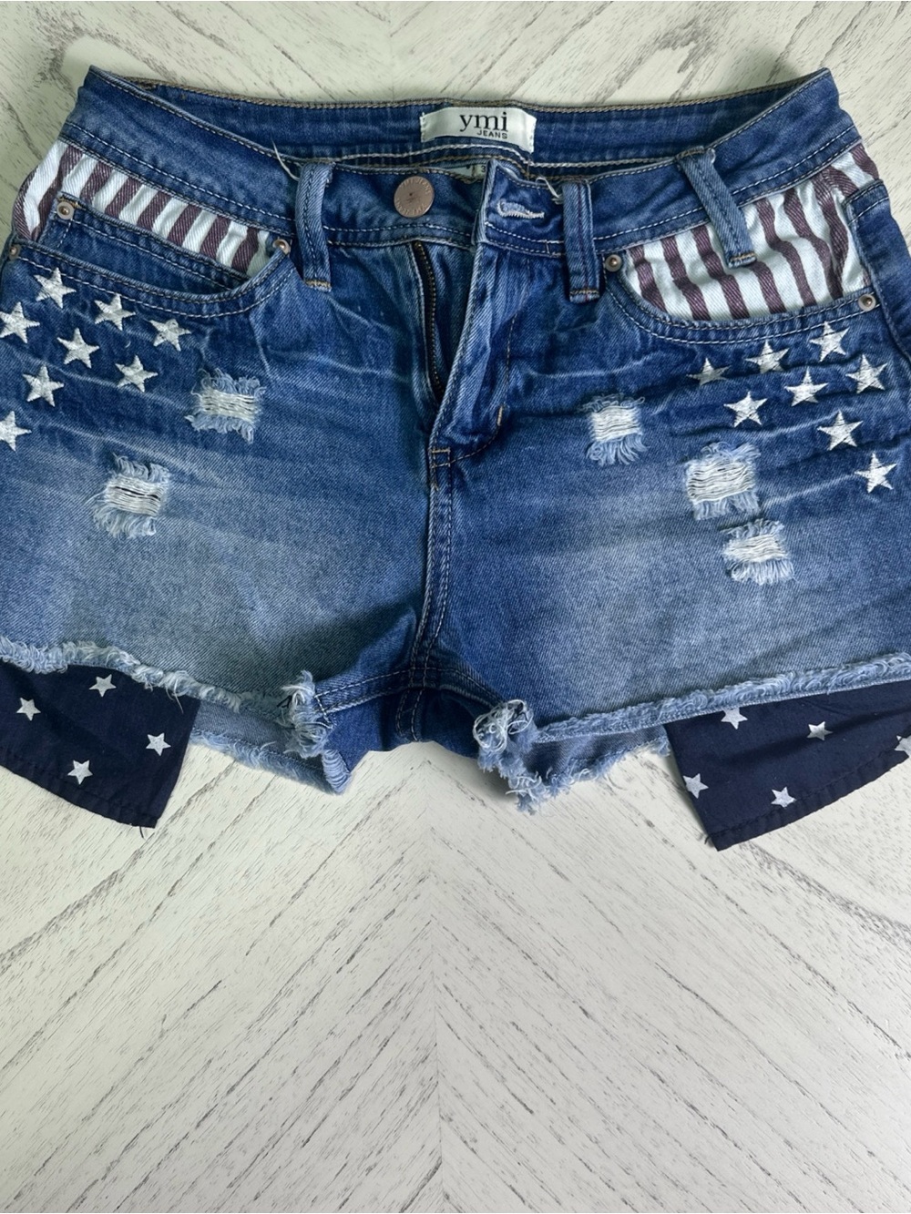 YMI Blue Distressed Denim Shorts with Star & Stripe Accents
